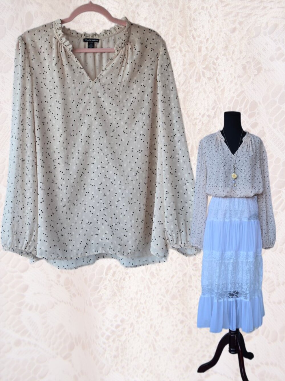Hilary Radley Cream Long Sleeve Chiffon Blouse Cottage Boho Style Cottage Boho